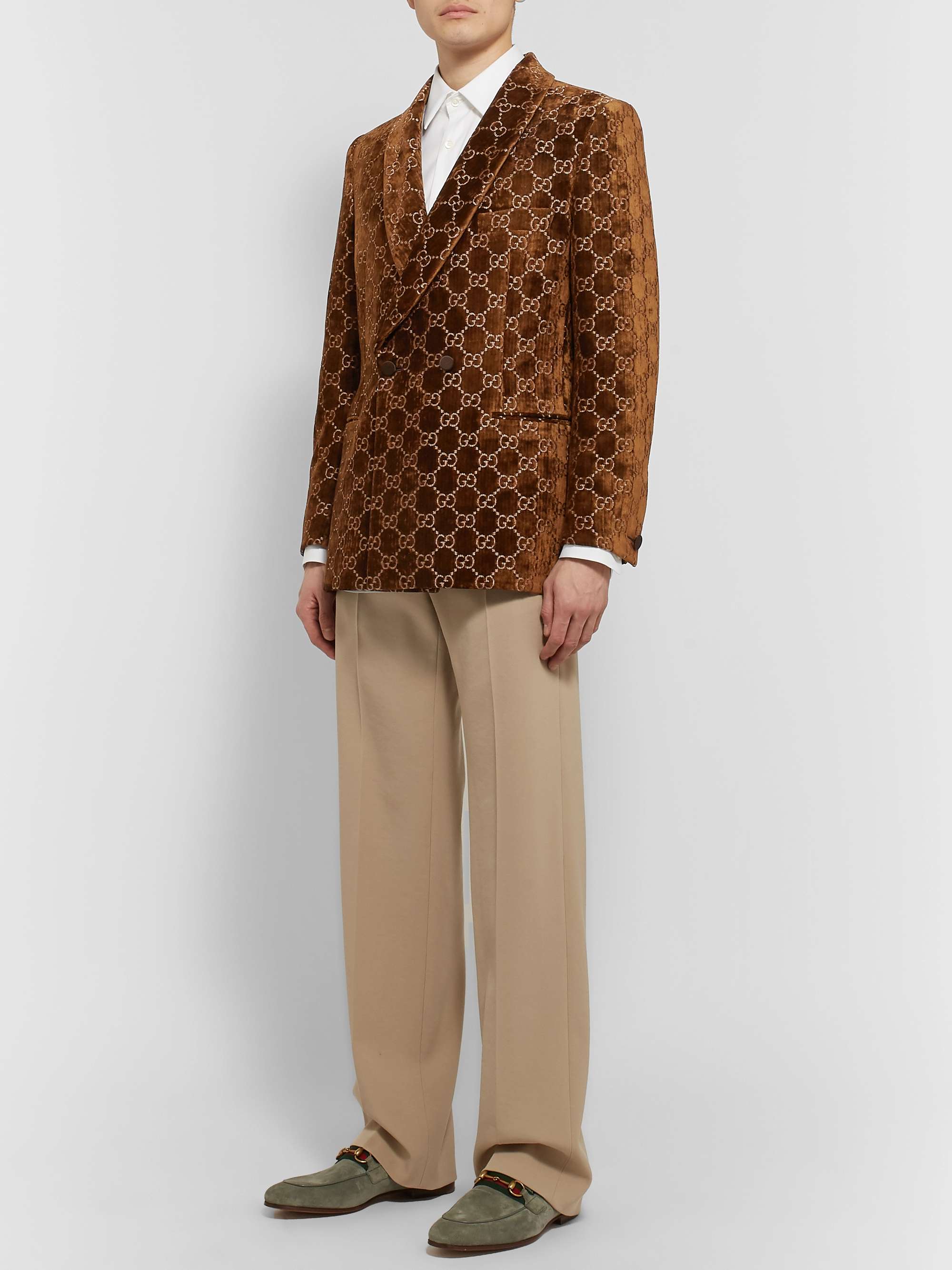 GUCCI Brown Double-Breasted Logo-Embroidered Velvet Tuxedo Jacket