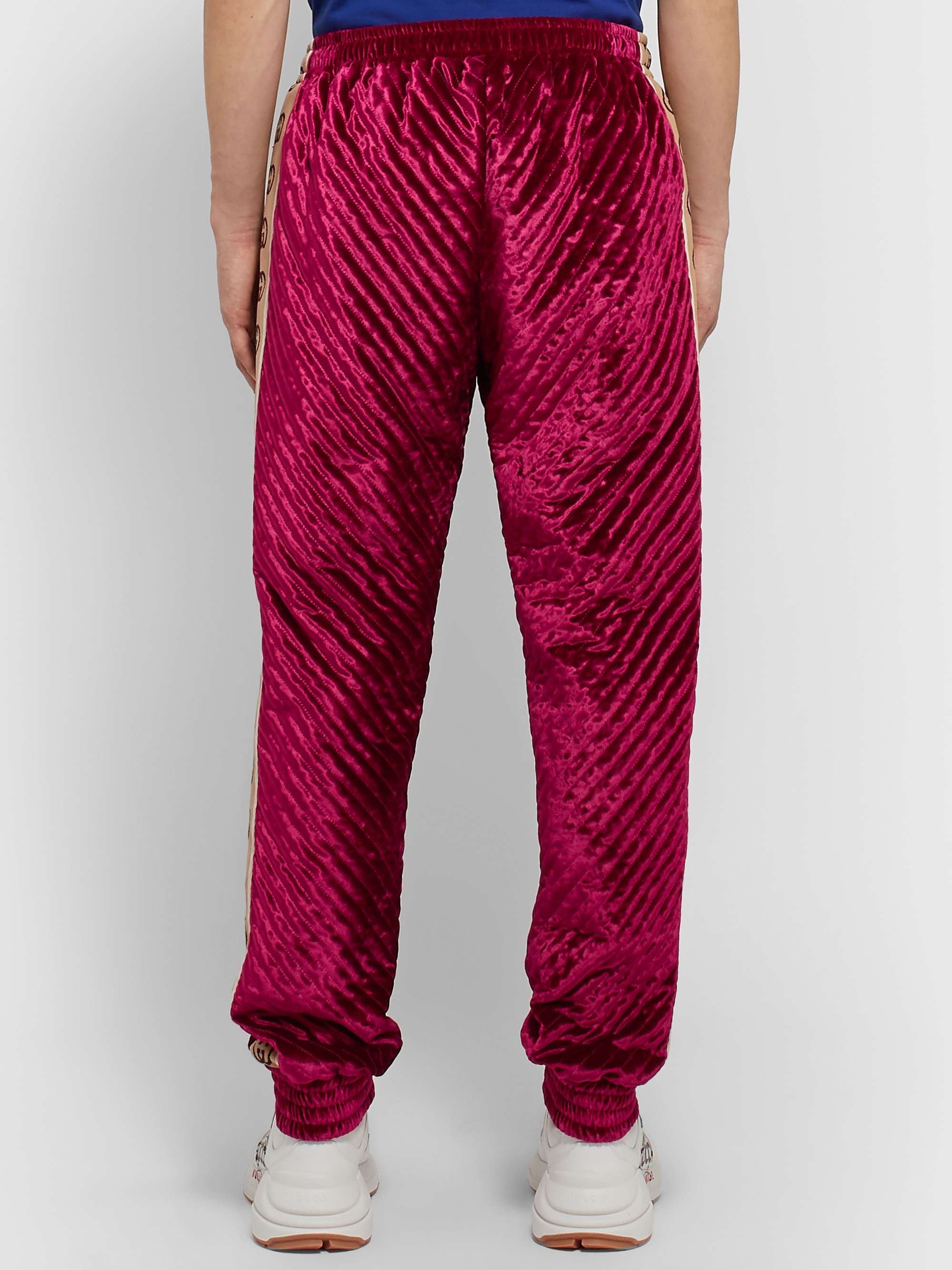 GUCCI Logo-Jacquard Webbing-Trimmed Quilted Padded Velvet Sweatpants