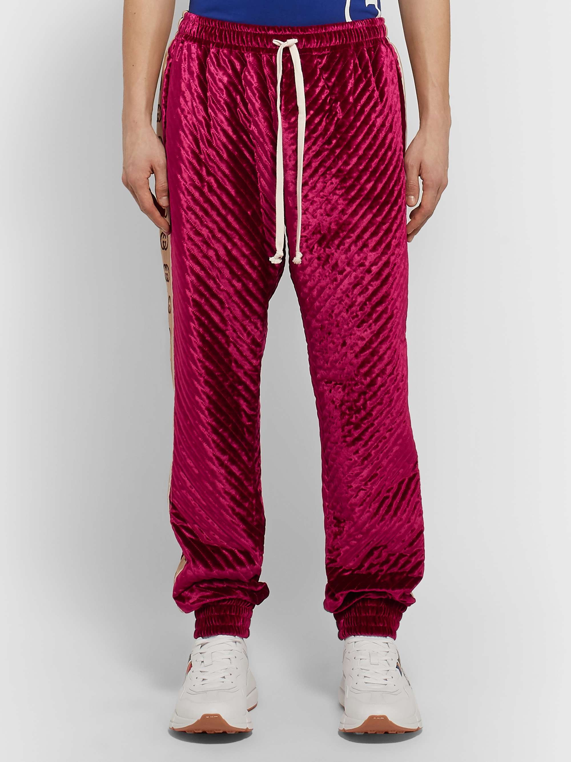 GUCCI Logo-Jacquard Webbing-Trimmed Quilted Padded Velvet Sweatpants