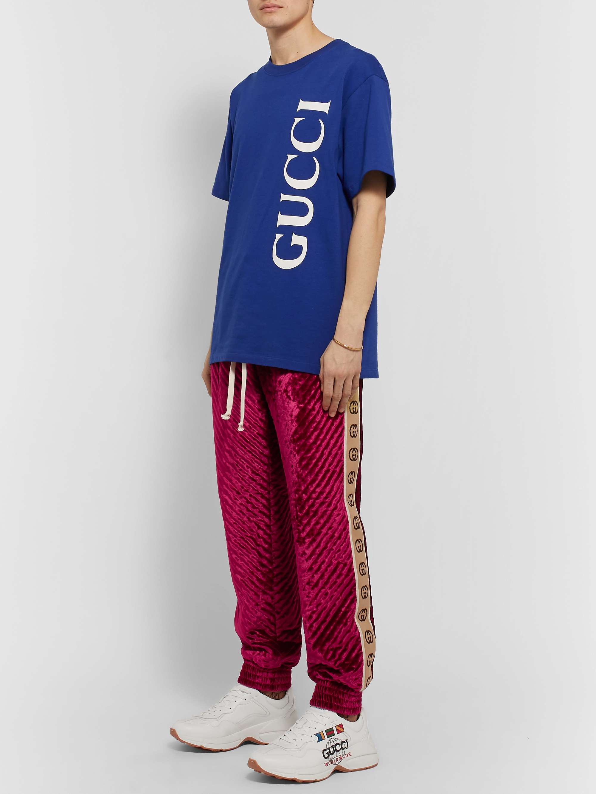 GUCCI Logo-Jacquard Webbing-Trimmed Quilted Padded Velvet Sweatpants ...